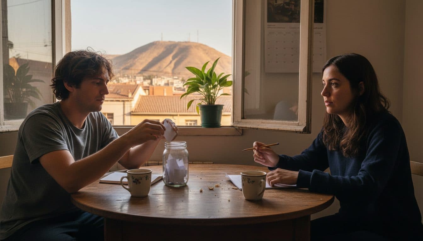 Pareja en la mesa de la cocina doblando papelitos con planes y echándolos en un frasco de vidrio, con un calendario en blanco en la pared