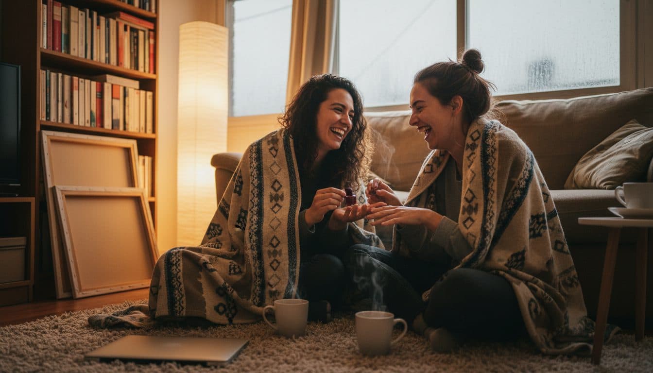 Dos amigas sentadas en el suelo del living apoyadas en el sillón, tapadas con la misma manta y riéndose, con dos tazas de té en el piso y lluvia cayendo en la ventana