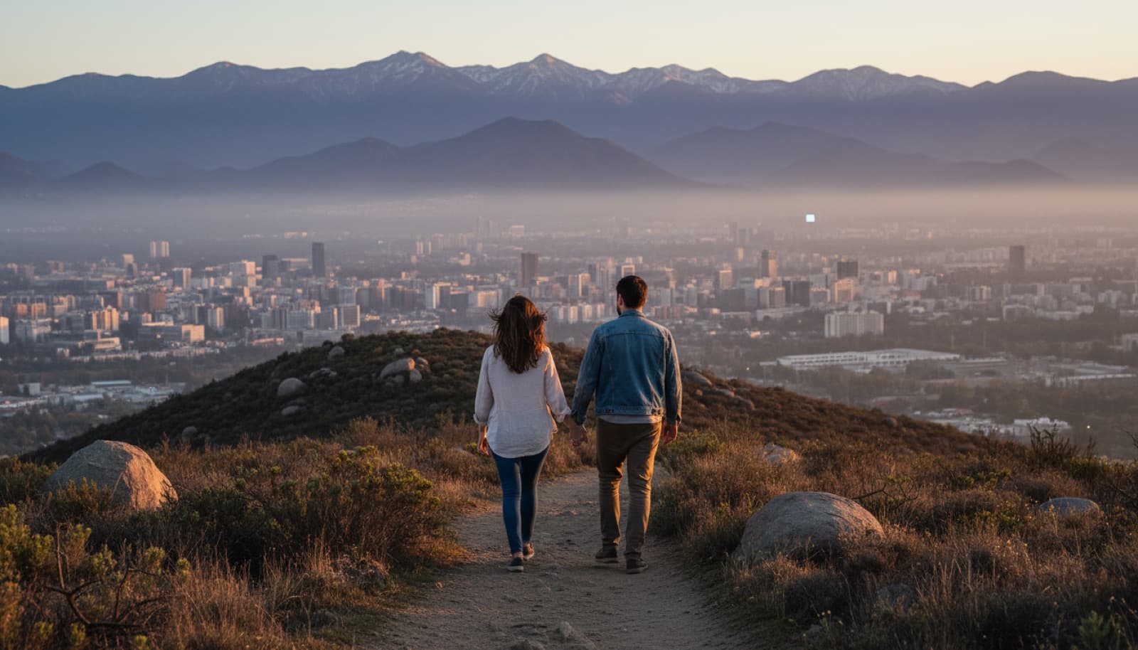 Pareja caminando de la mano por un cerro de Santiago al atardecer, con la ciudad y la cordillera de fondo