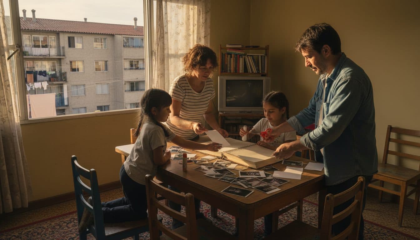 Familia con dos niños alrededor de la mesa del comedor pegando fotos impresas en un álbum abierto, con tijeras y fotos sueltas repartidas sobre la mesa