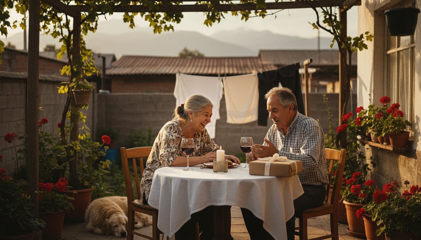 Pareja de unos cincuenta y cinco años celebrando su aniversario en el patio de su casa, tomados de la mano sobre el mantel y riendo