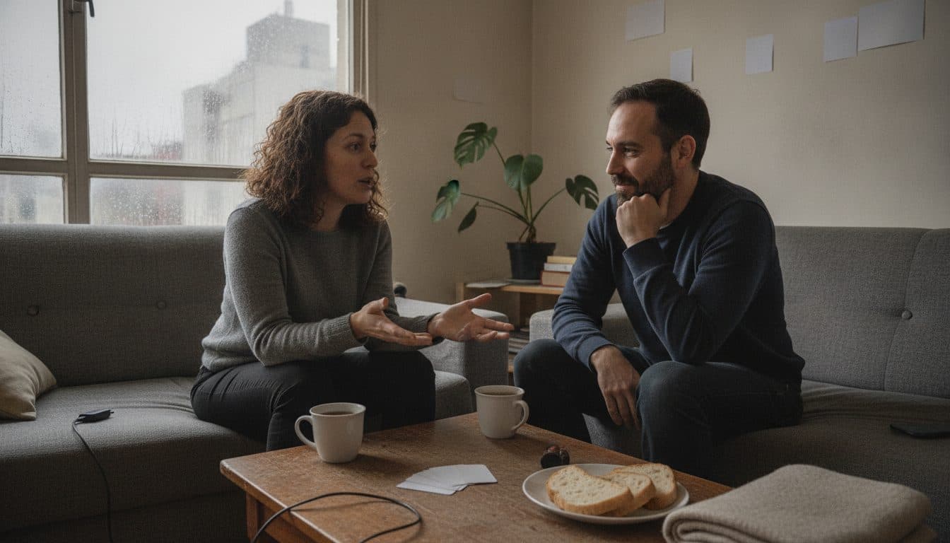 Pareja sentada en el sillón del living conversando frente a frente, uno leyendo una carta en voz alta y el otro escuchando inclinado hacia adelante, con dos tazas de té sobre la mesa de centro