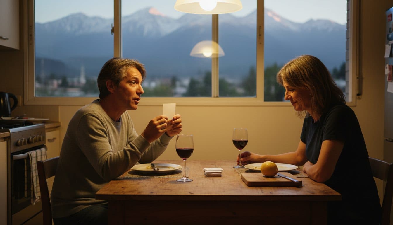 Pareja de cuarenta y tantos sentada en la mesa de la cocina en un departamento de Santiago después de comer, uno leyendo una tarjeta en voz alta y el otro escuchando con media sonrisa, luz de la tarde y la Cordillera de fondo