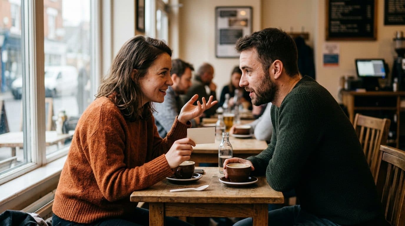 Dos personas en una primera cita, sentadas frente a frente en un café, una de ellas sosteniendo una carta con una pregunta mientras la otra se ríe