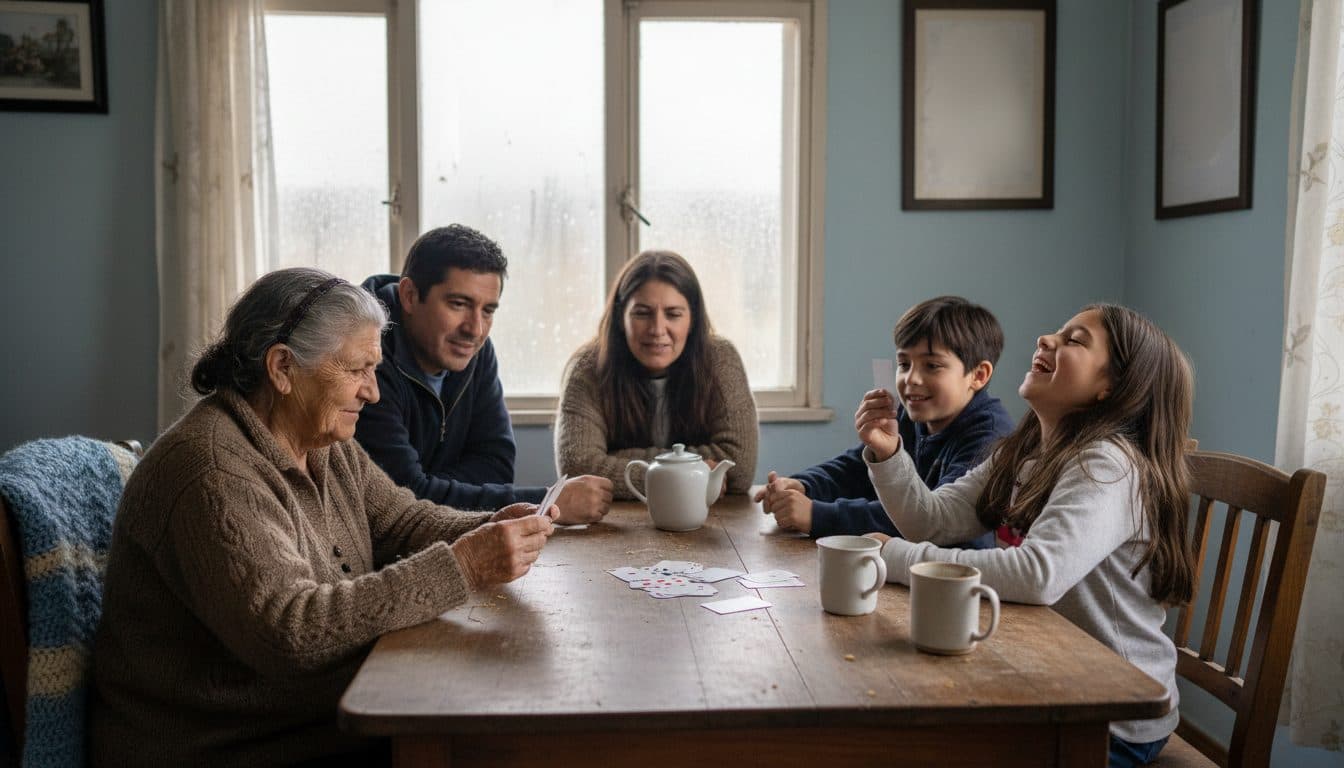 Tres generaciones de una familia chilena alrededor de la mesa después del almuerzo, jugando con un mazo de cartas mientras uno de los niños levanta una carta