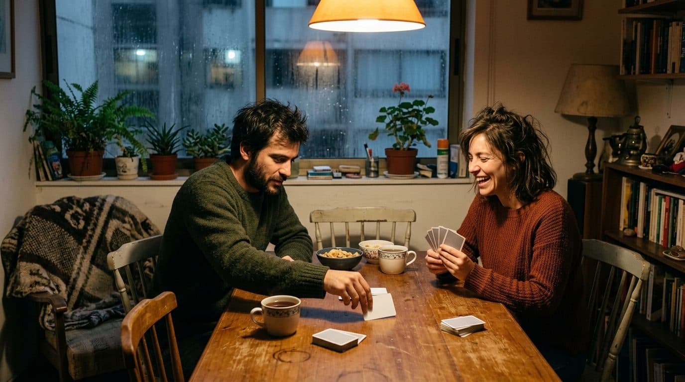 Pareja jugando cartas en la mesa del comedor una noche de lluvia, uno bajando una carta y el otro riéndose con la mano de cartas contra el pecho