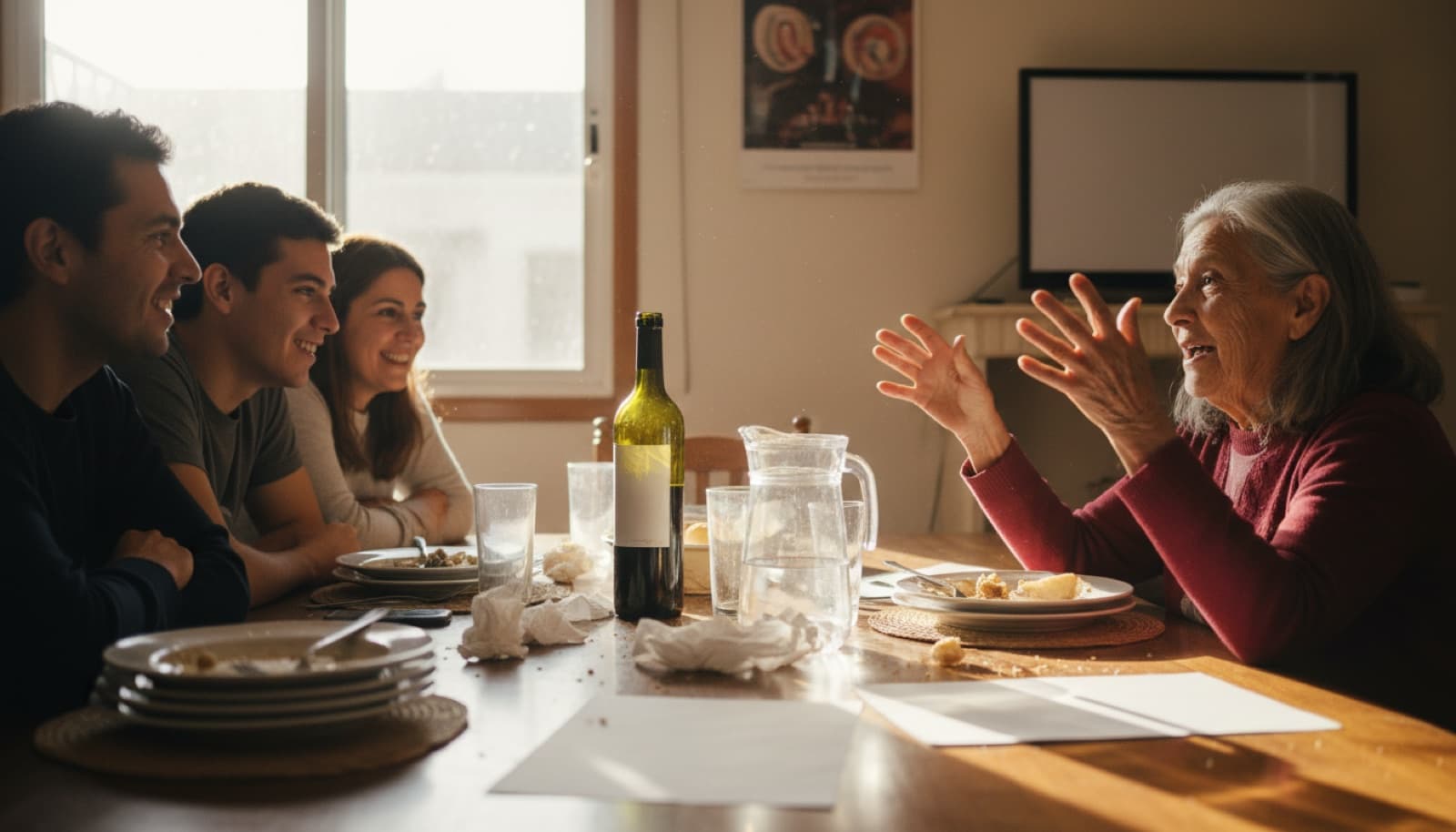 Tres generaciones de una familia alrededor de la mesa después de almorzar, una abuela contando algo y los demás escuchando con atención