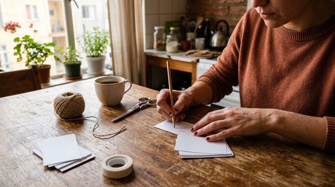 Manos de una mujer joven escribiendo a mano un talonario de cupones de regalo sobre la mesa del comedor, con tijeras y una taza al lado