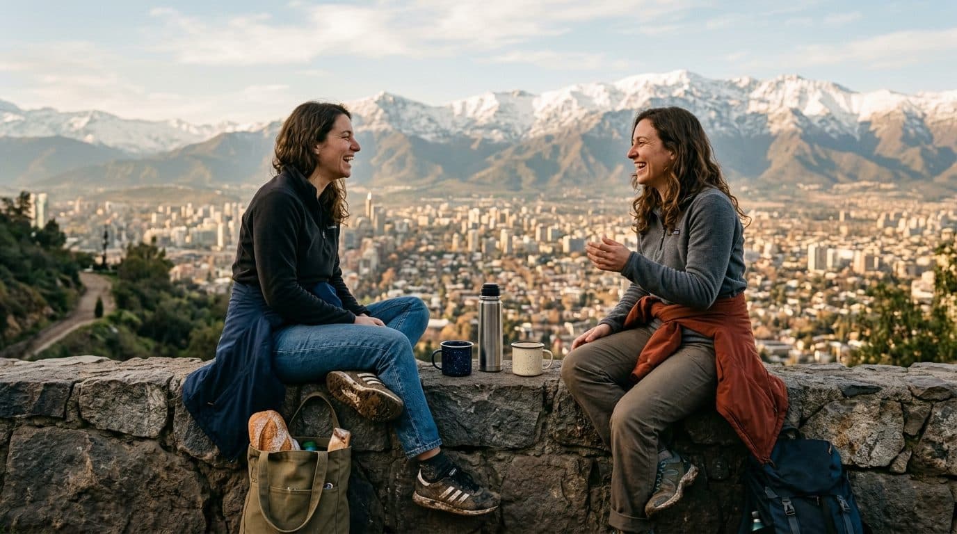 Dos amigas sentadas en un mirador del cerro San Cristóbal en Santiago, compartiendo un termo y riéndose al atardecer