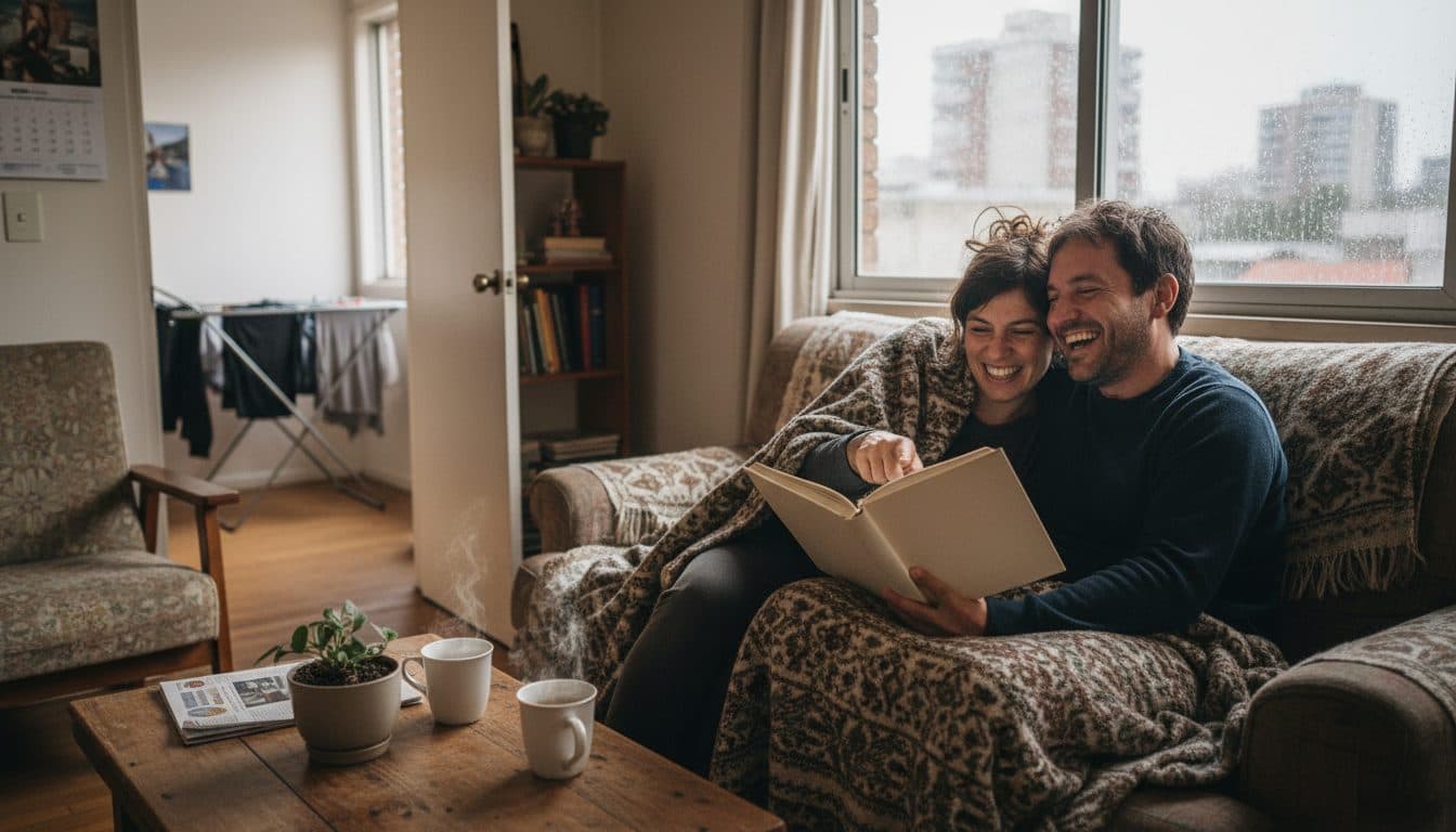 Pareja en el living de un departamento en Santiago, ella sosteniendo abierto un libro de páginas en blanco y señalando algo mientras él se ríe, con lluvia en la ventana