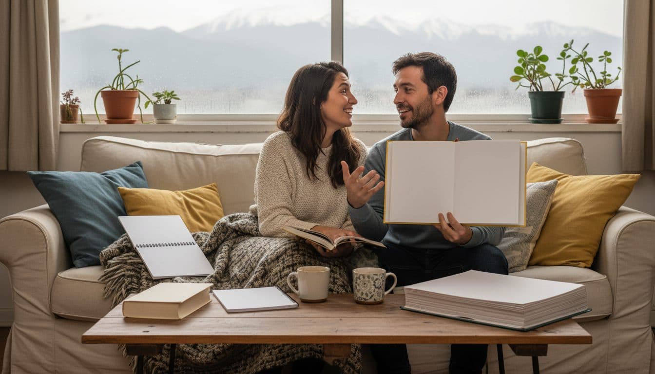 Pareja sentada en el sillón de un departamento comparando tres libros distintos abiertos entre los cojines, con tazas de té y luz de tarde de invierno