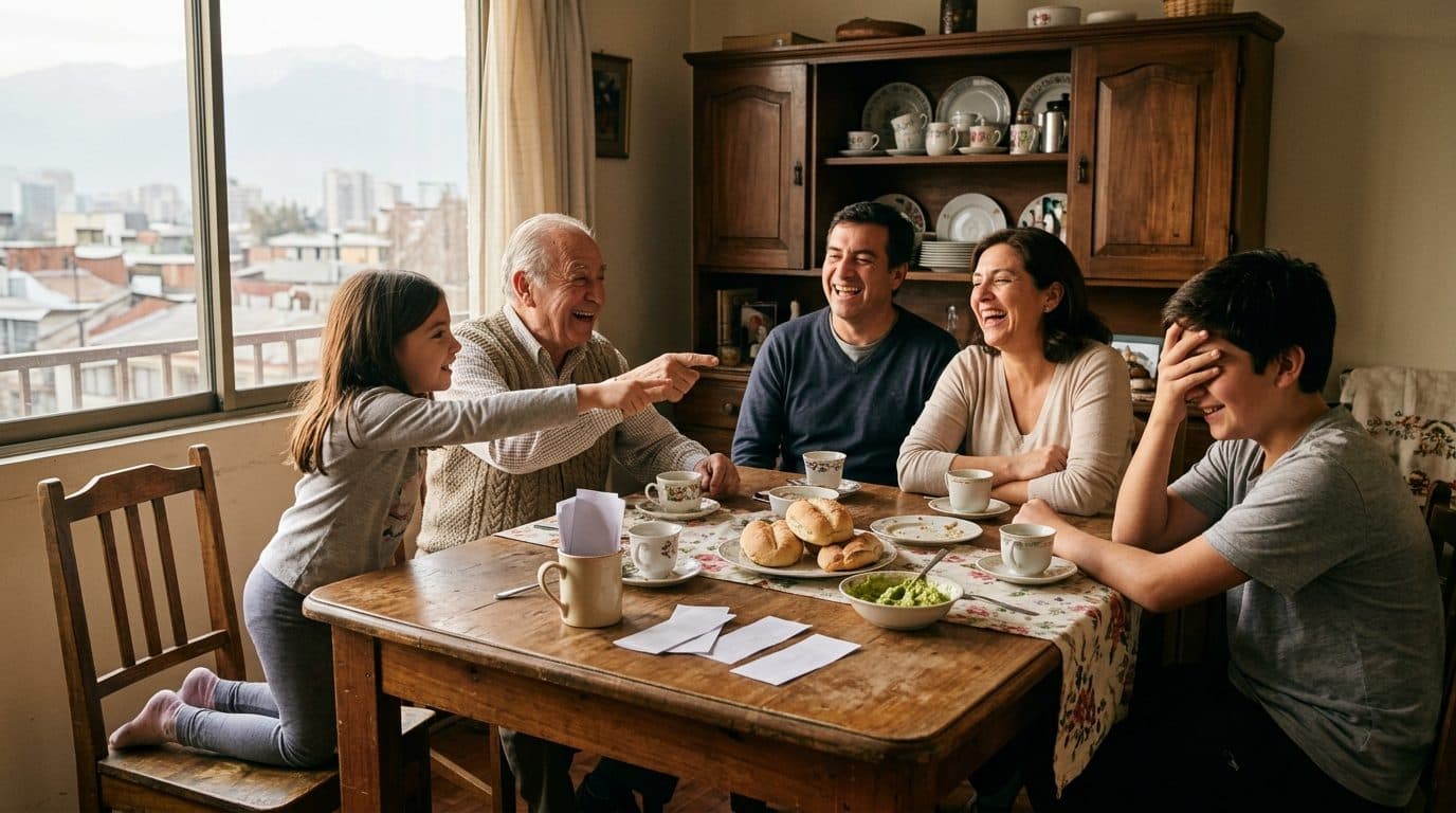 Una familia chilena de tres generaciones ríe alrededor de la mesa del comedor mientras una niña y su abuelo apuntan a alguien durante un juego de preguntas, con papelitos doblados sobre la mesa