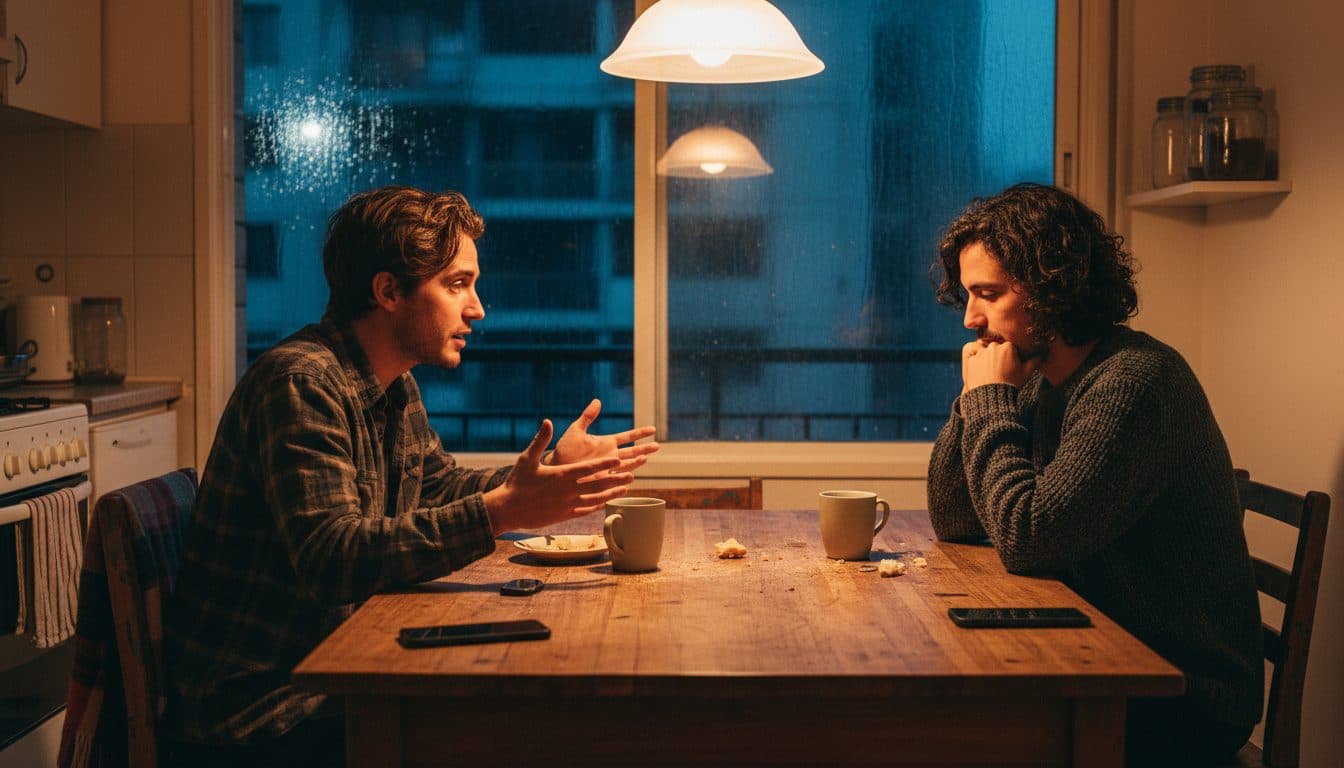 Dos amigos conversando de noche en la mesa de una cocina en Santiago, uno hablando con las manos abiertas y el otro escuchando con el mentón apoyado en el puño