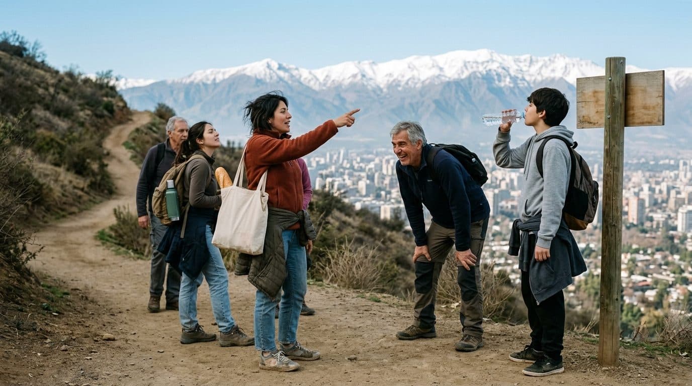 Un grupo de amigos y familiares se detiene en un sendero de un cerro sobre Santiago un domingo en la mañana, con la ciudad y la cordillera detrás.