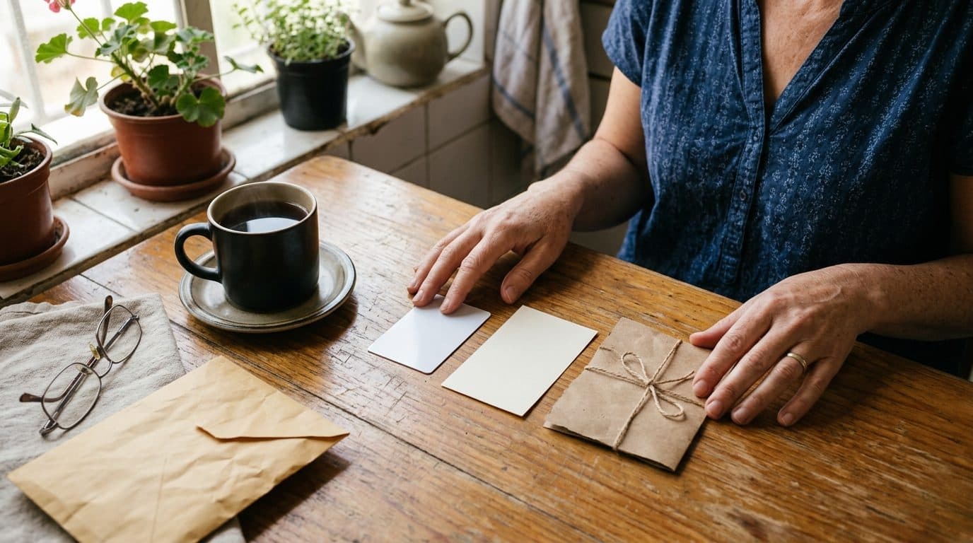 Manos sobre una mesa de cocina comparando tres formatos de vale: una tarjeta de regalo plástica, un papel impreso y un cupón recortado a mano atado con hilo