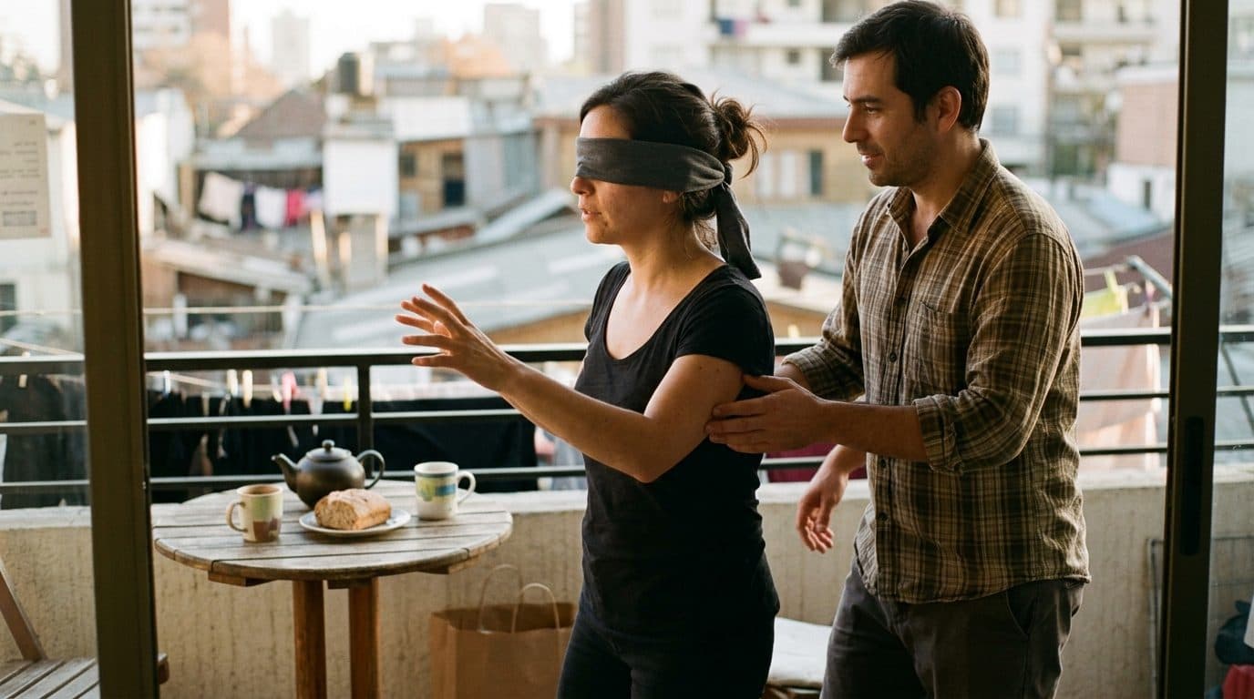 Pareja en la terraza de un departamento en Santiago: una persona con una venda en los ojos y la otra guiándola del brazo hacia una mesa ya servida