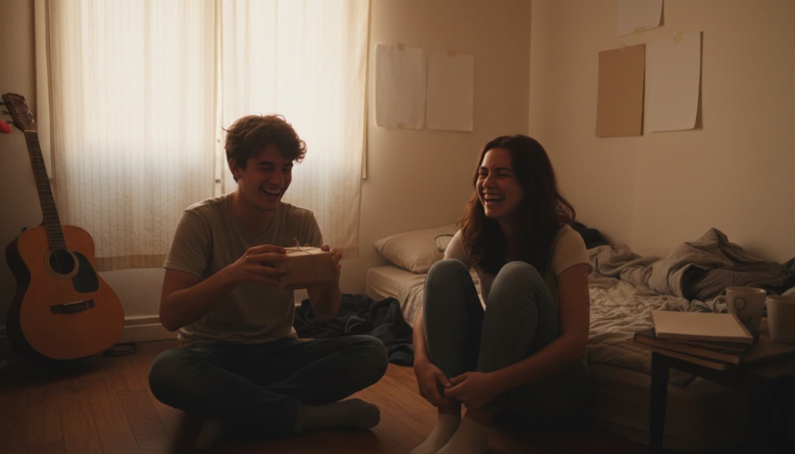 Pareja joven sentada en el suelo de una pieza compartida, riéndose mientras uno abre un regalo pequeño envuelto en papel de diario