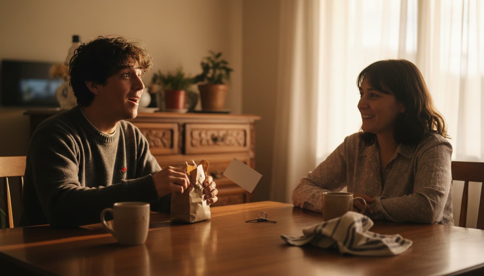 Pareja abriendo un regalo envuelto en papel kraft sobre la mesa del comedor, con la sorpresa recién apareciendo en la cara de quien lo recibe