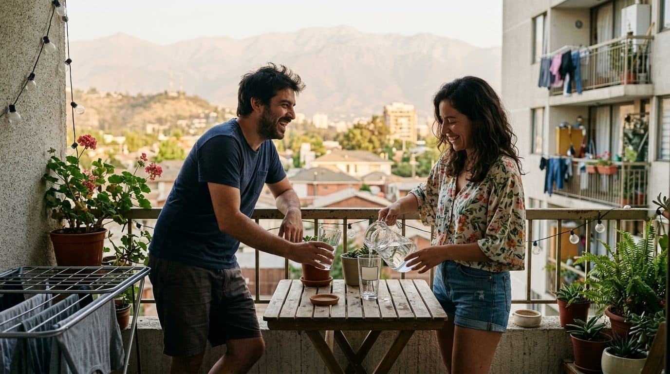 Pareja en un balcón de Santiago al atardecer de diciembre, con la cordillera al fondo