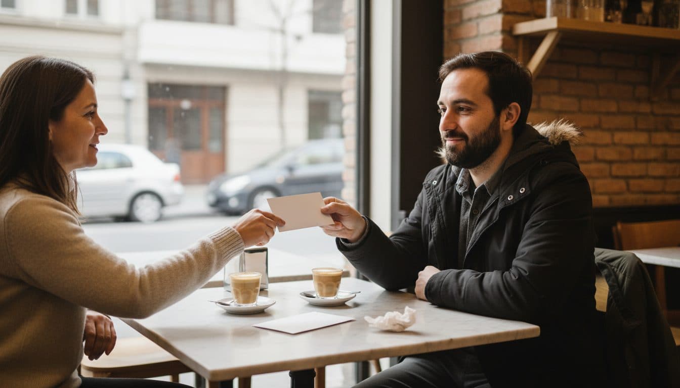 Mujer entregando una tarjeta de regalo dentro de un sobre a su pareja sobre la mesa de un café en Santiago, con dos cortados y abrigos de invierno en los respaldos