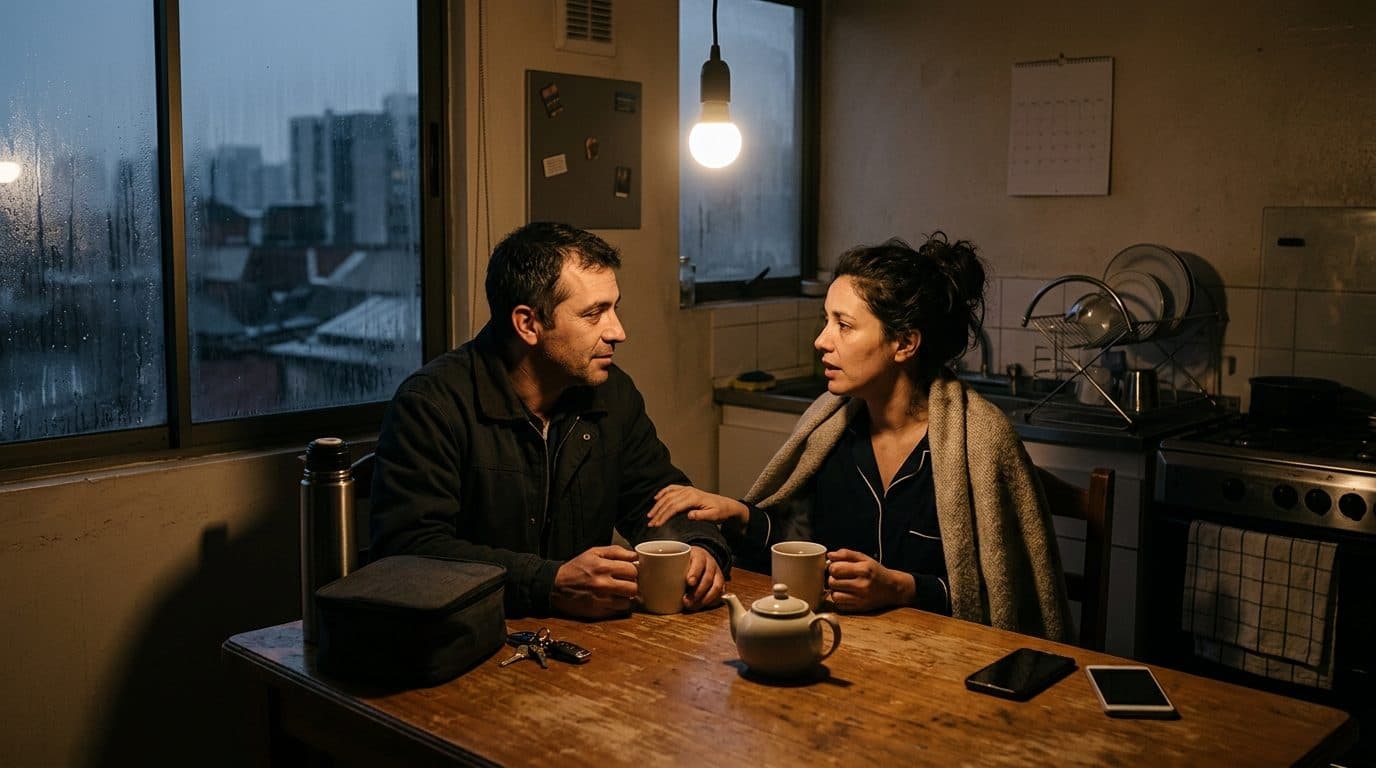 Una pareja conversando frente a frente con dos tazas en la mesa de la cocina antes de salir a trabajar, muy temprano en un departamento de Santiago
