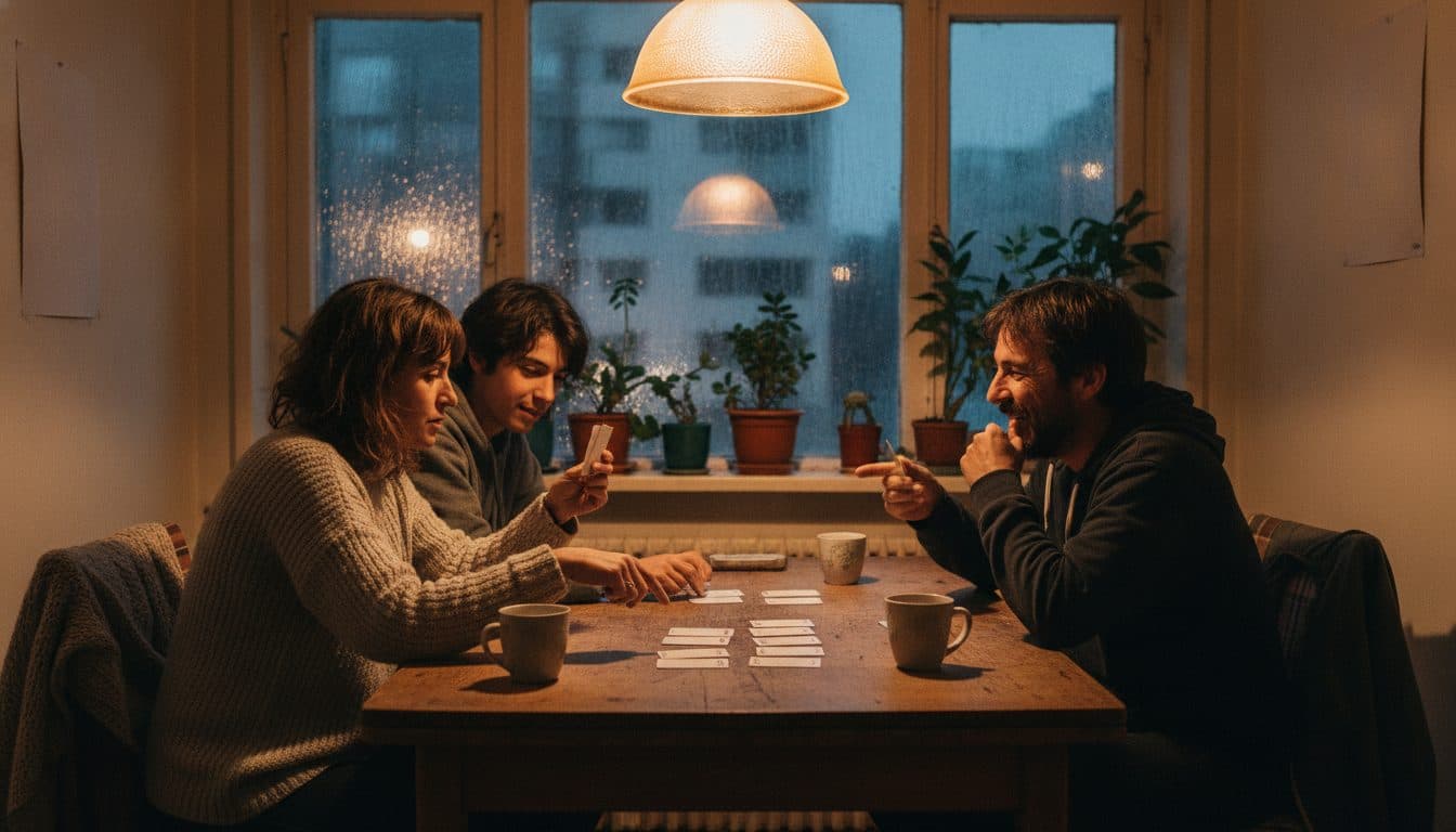 Tres personas alrededor de una mesa de comedor en un departamento de Santiago, con cuatro mazos de cartas distintos separados en pilas, decidiendo cuál jugar