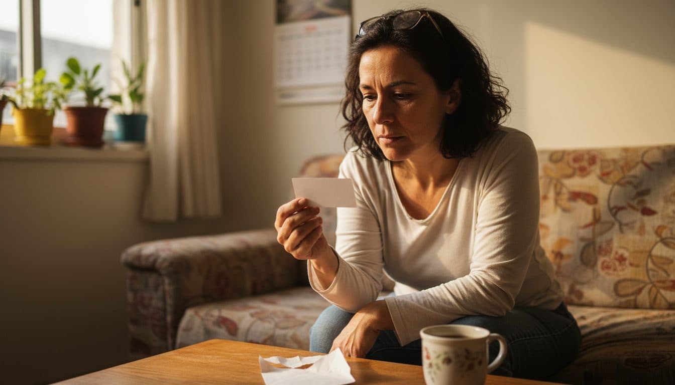 Mujer sentada en un sillón revisando el reverso de un vale de papel con el ceño fruncido, con un sobre abierto y una taza de té sobre la mesa de centro