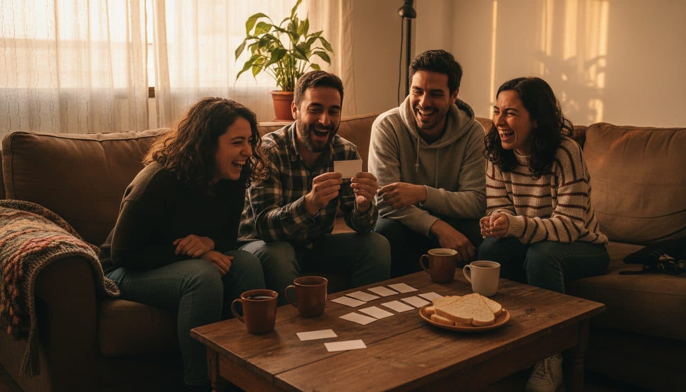 Cuatro amigos sentados alrededor de una mesa baja en un living, uno leyendo una carta en voz alta y los demás escuchando entre risas