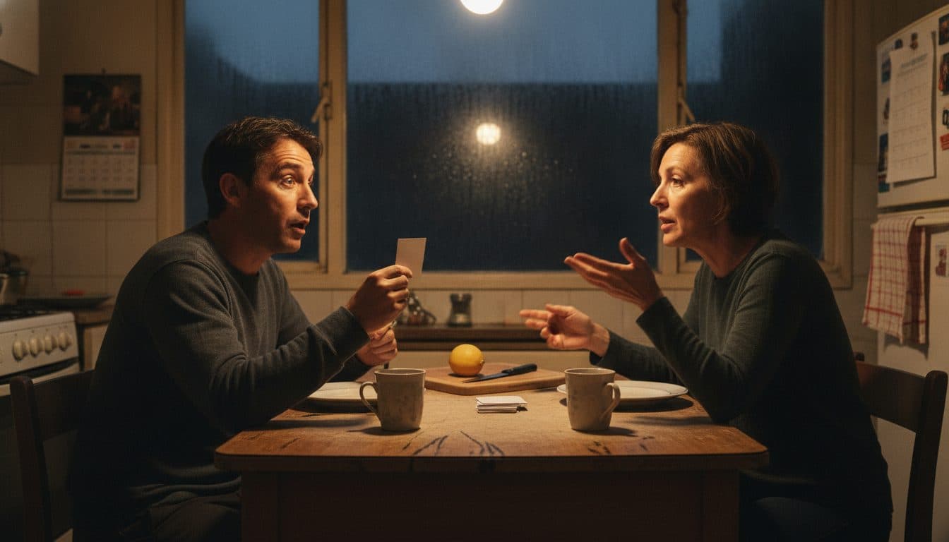 Pareja de unos cuarenta años conversando después de comer en la cocina, uno leyendo una carta en voz alta y el otro respondiendo mientras recuerda algo