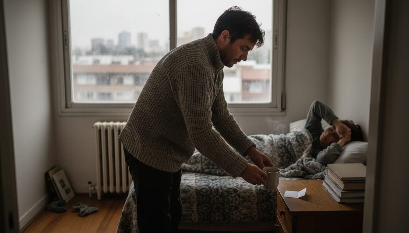 Un hombre deja en silencio una taza de té caliente y una nota doblada en el velador mientras su pareja todavía duerme, en una mañana fría de Santiago