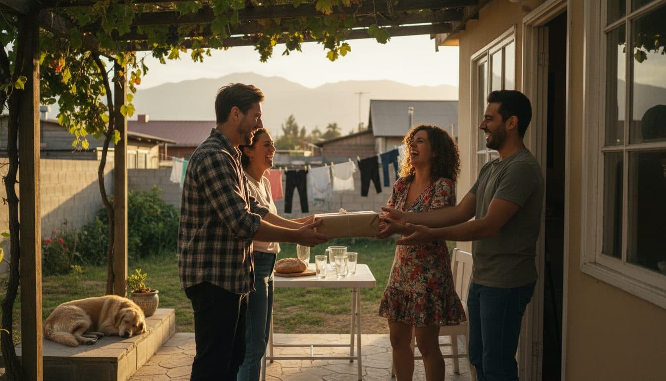 Dos amigos entregando un regalo envuelto a una pareja en la puerta del patio de una casa chilena, las cuatro manos sobre el mismo paquete