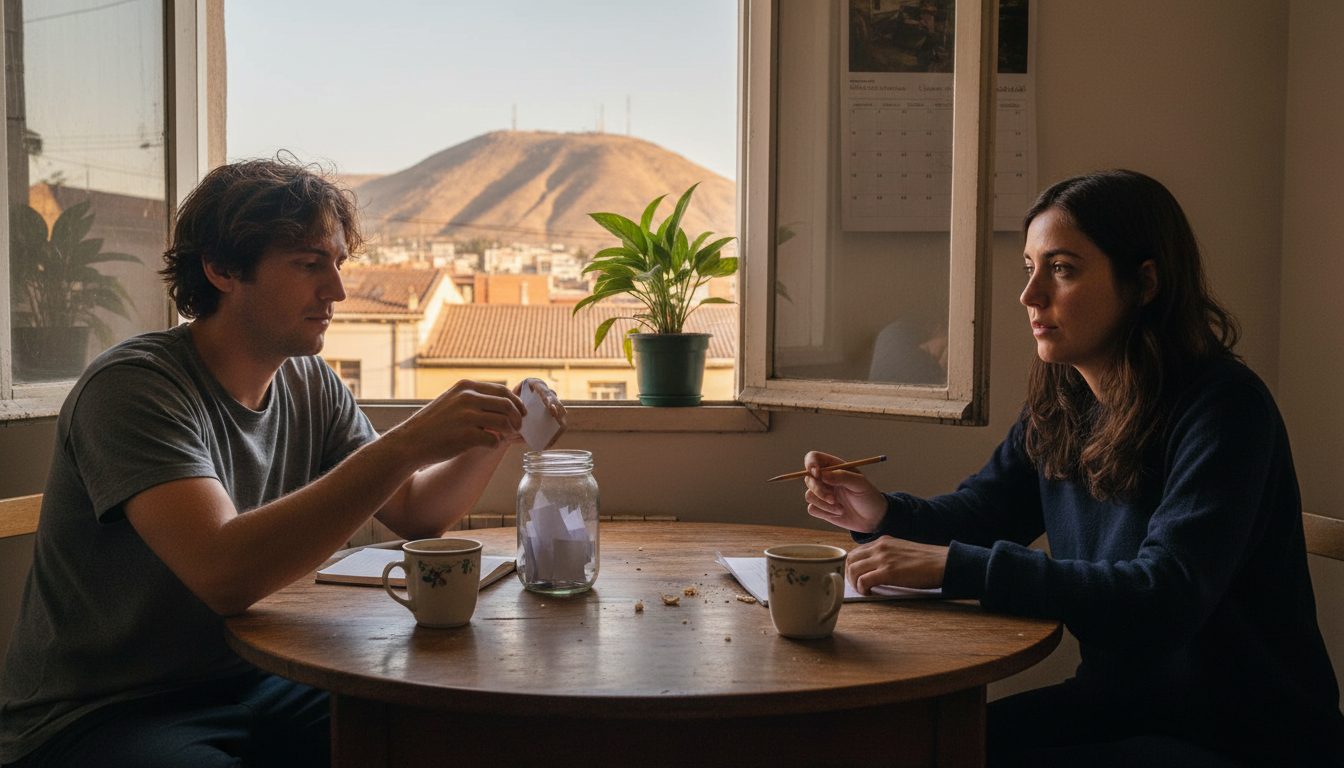 Pareja en la mesa de la cocina doblando papelitos con planes y echándolos en un frasco de vidrio, con un calendario en blanco en la pared