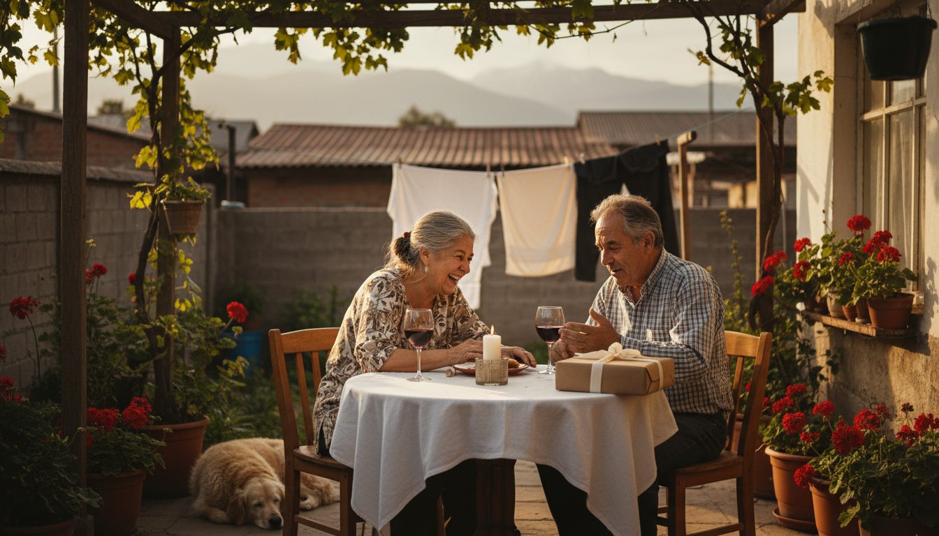 Pareja de unos cincuenta y cinco años celebrando su aniversario en el patio de su casa, tomados de la mano sobre el mantel y riendo