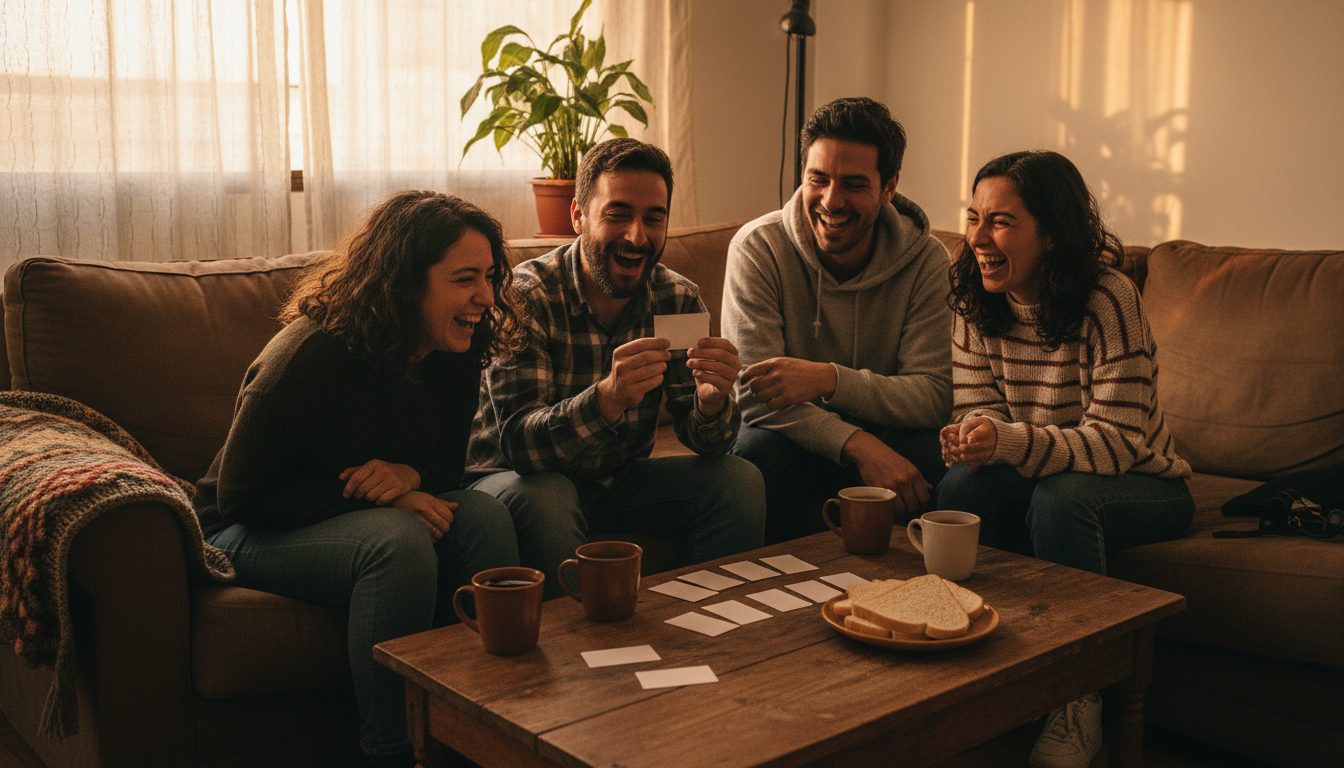 Cuatro amigos sentados alrededor de una mesa baja en un living, uno leyendo una carta en voz alta y los demás escuchando entre risas