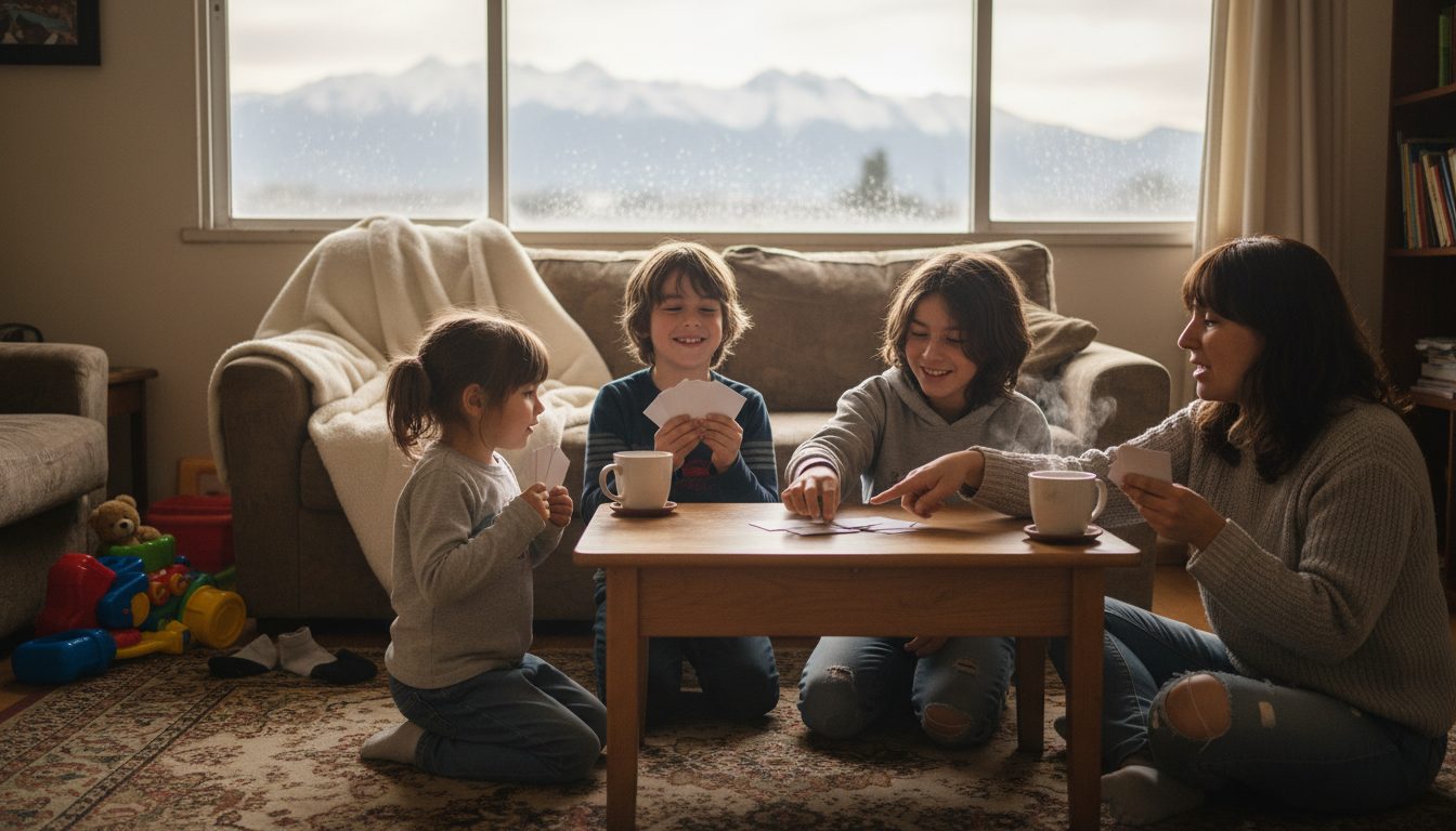 Tres niños y su mamá jugando cartas sentados en la alfombra alrededor de una mesa baja, en una tarde de invierno en un departamento de Santiago