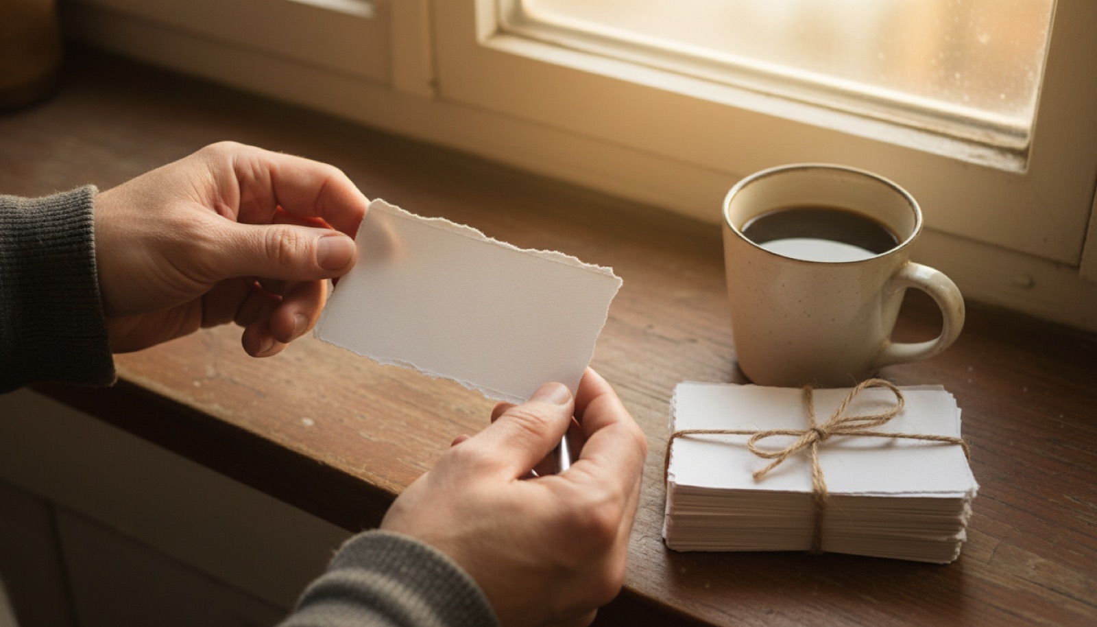Manos escribiendo un vale de regalo hecho a mano sobre una mesa de cocina, con una taza de café al lado y luz de mañana entrando por la ventana