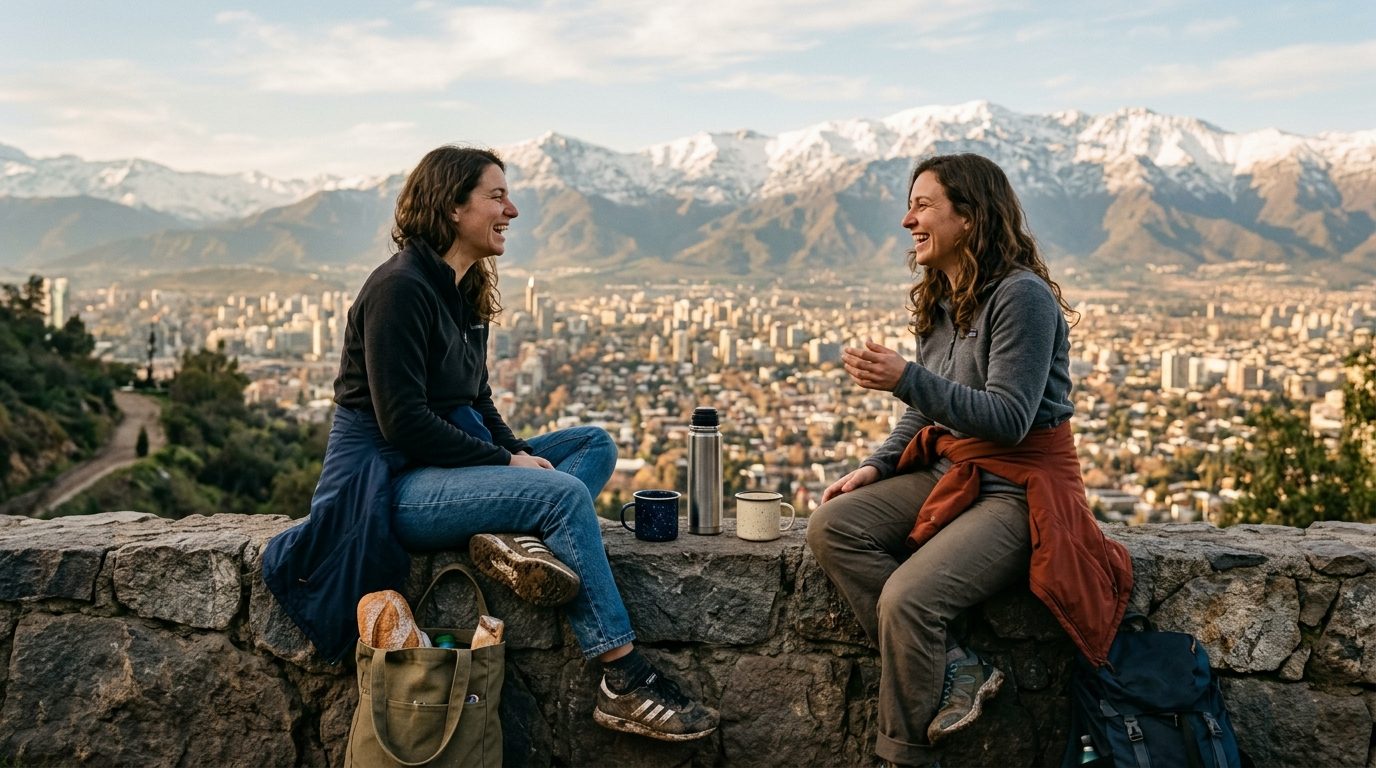 Dos amigas sentadas en un mirador del cerro San Cristóbal en Santiago, compartiendo un termo y riéndose al atardecer