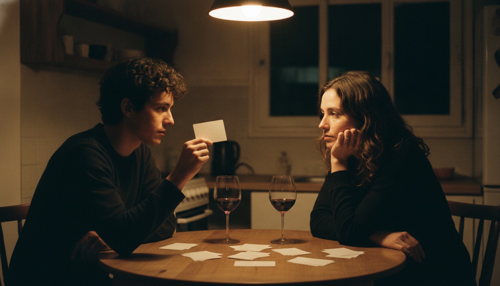 Pareja frente a frente en la mesa de la cocina de noche, una carta de preguntas sostenida en alto y la otra persona escuchando con atención