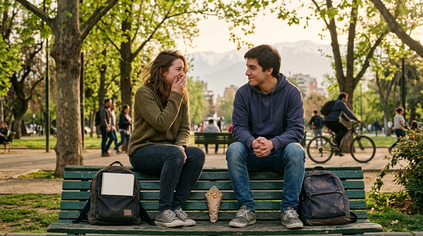 Dos jóvenes sentados en una banca del Parque Forestal de Santiago, uno esperando nervioso una respuesta y el otro riendo con la mano en la boca