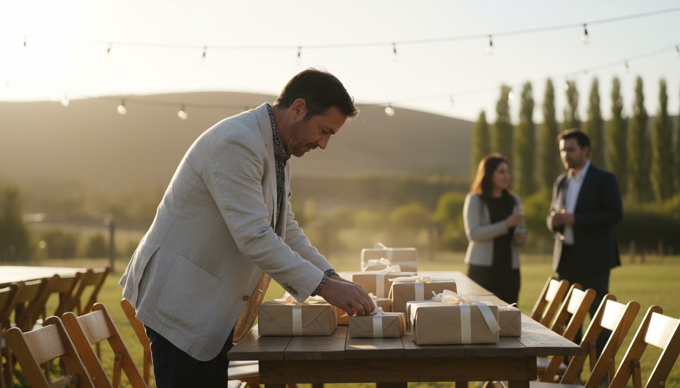 Invitado dejando un regalo envuelto sobre la mesa de regalos en la recepción de un matrimonio al aire libre en el campo chileno, al atardecer
