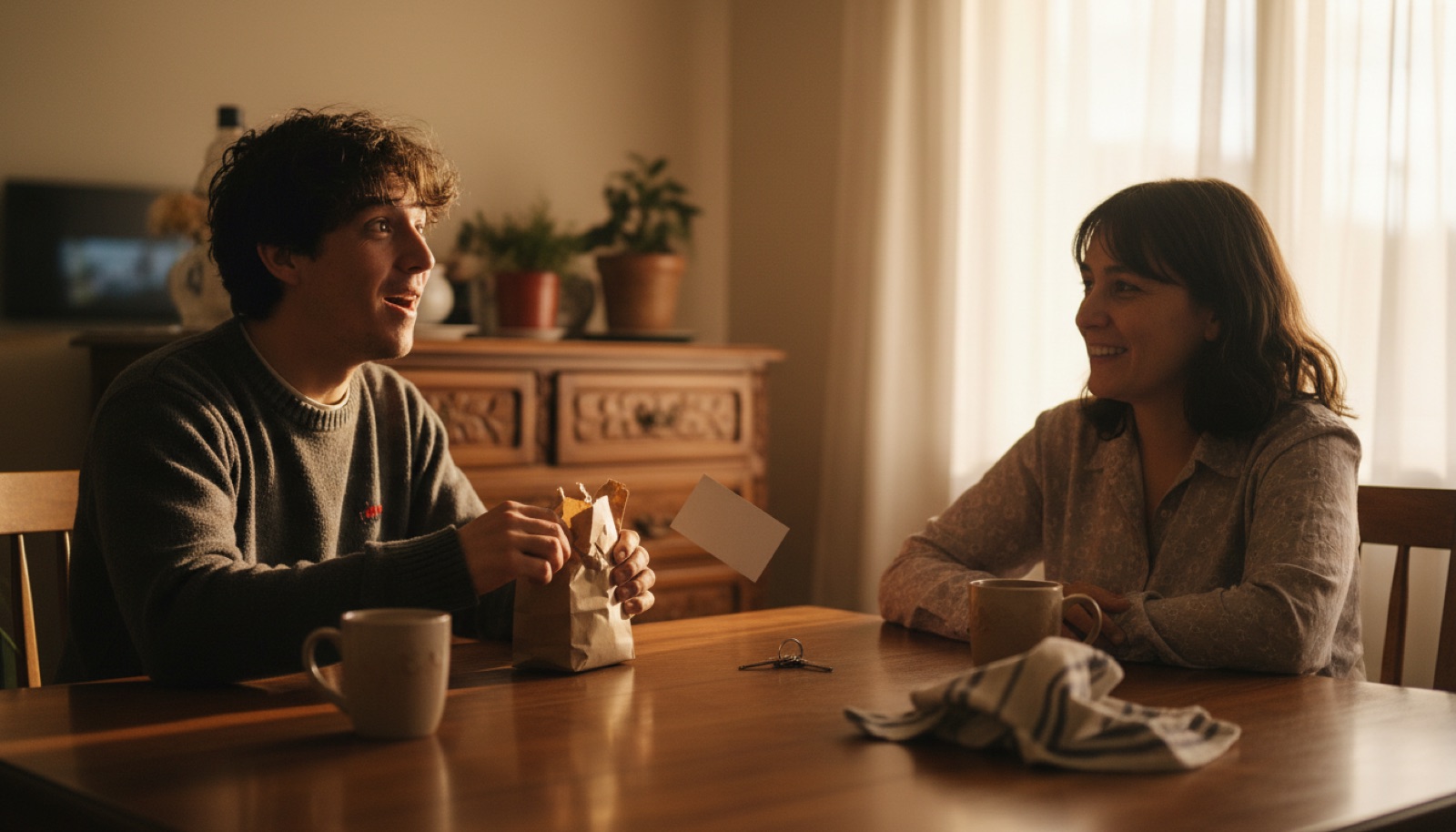 Pareja abriendo un regalo envuelto en papel kraft sobre la mesa del comedor, con la sorpresa recién apareciendo en la cara de quien lo recibe