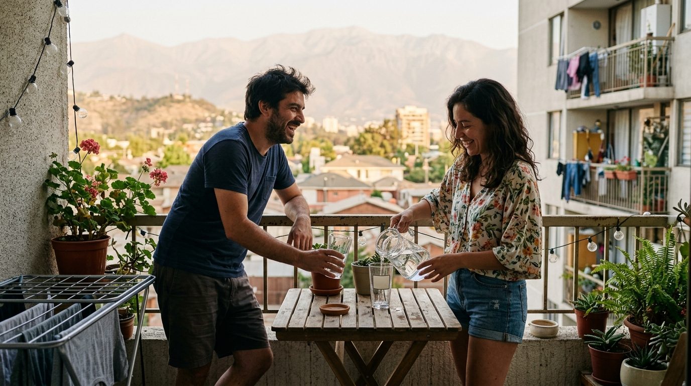 Pareja en un balcón de Santiago al atardecer de diciembre, con la cordillera al fondo