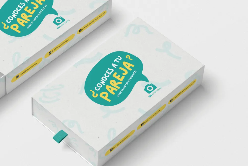 Caja del juego de cartas de preguntas ¿Conoces a tu pareja? de 100 Aventuras sobre fondo blanco